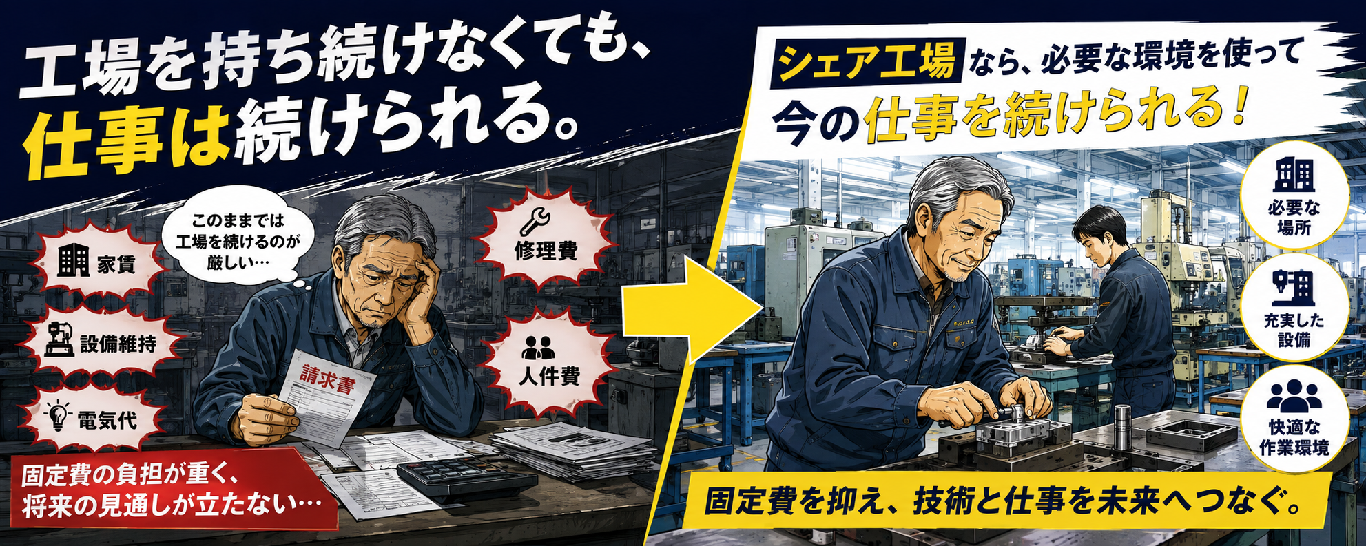 シェア工場の環境を使い工場の固定費を抑えて仕事を続ける仕組み