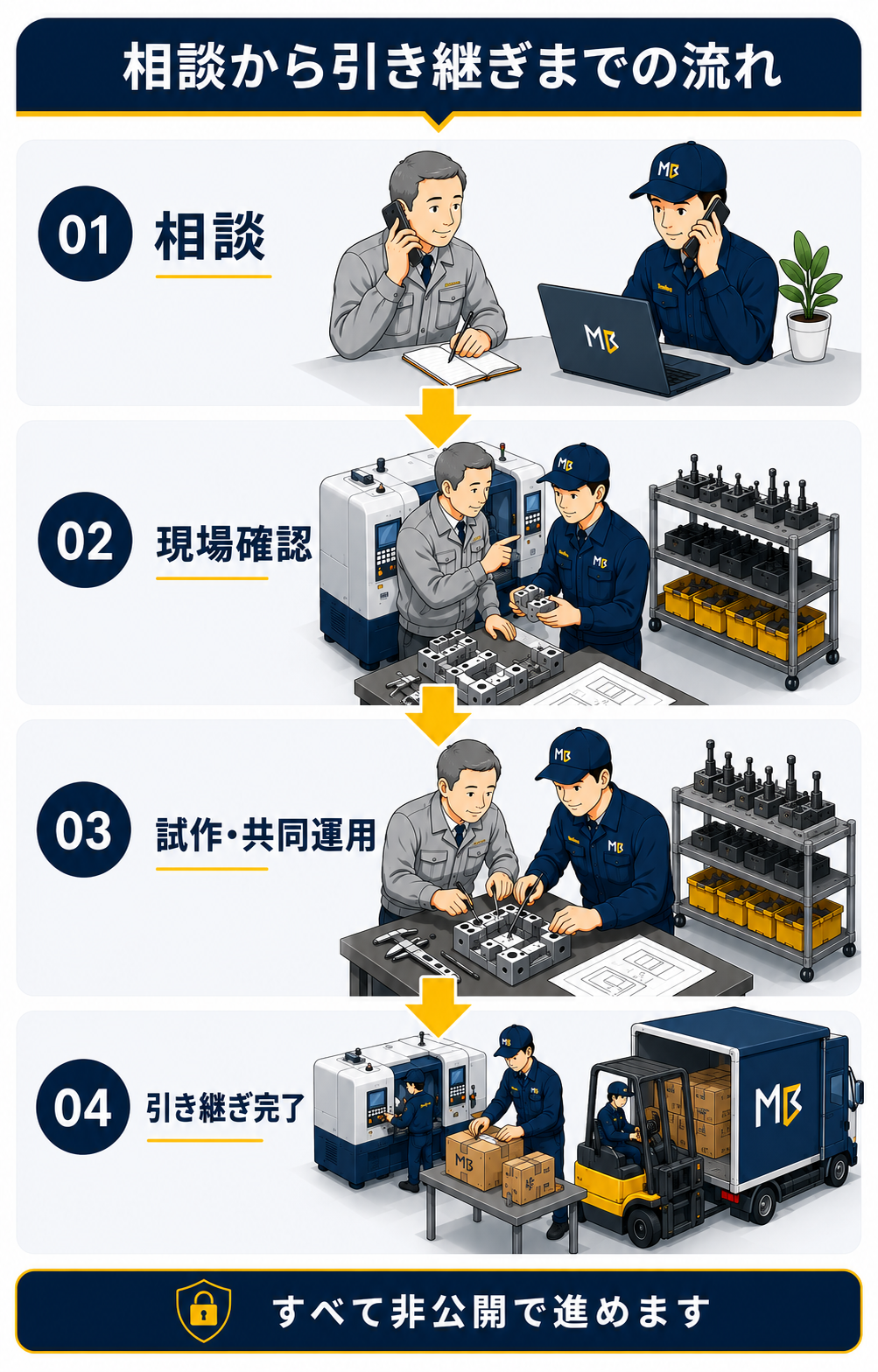 相談、現物確認、一緒に製造、仕事の引き継ぎまでの流れ