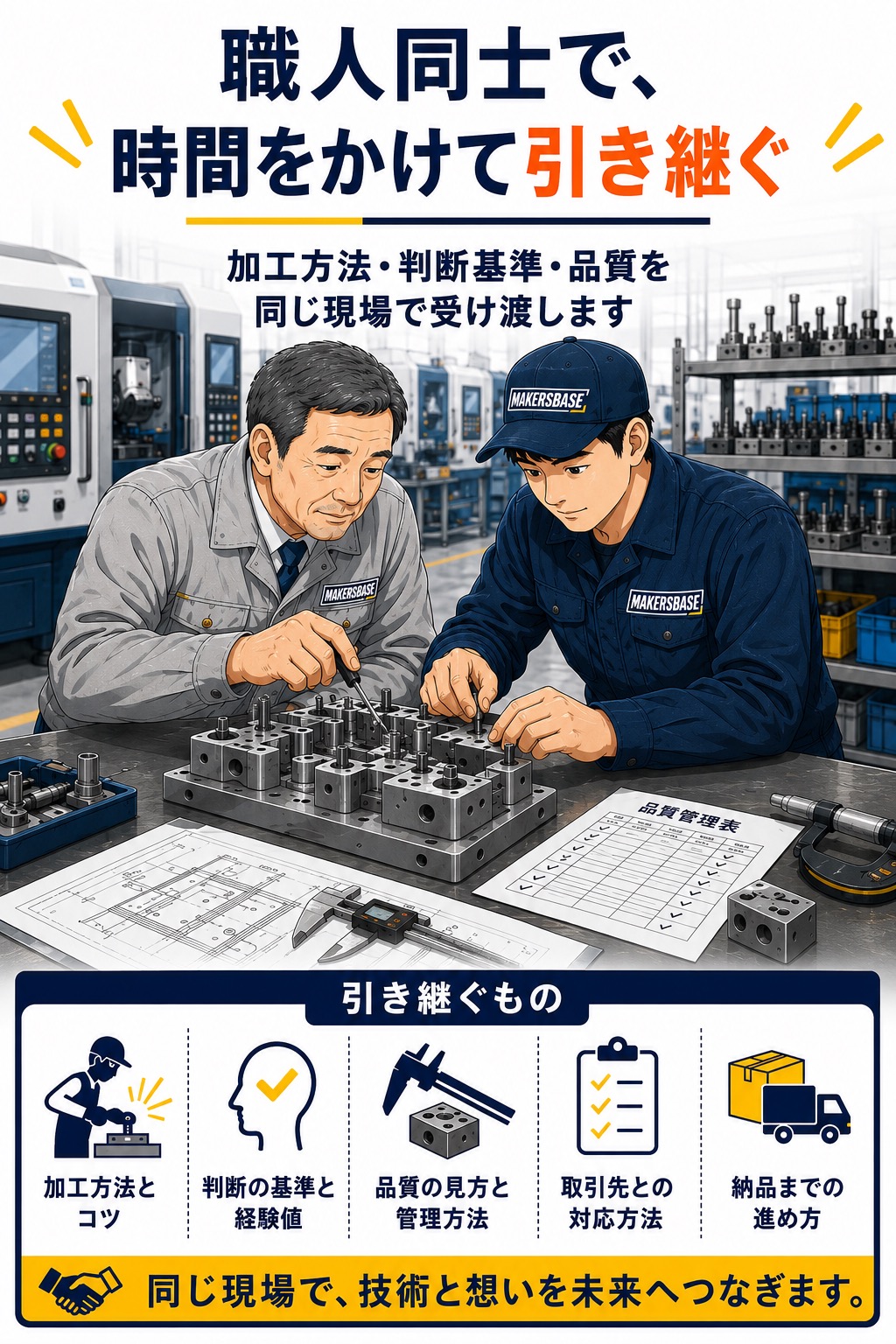 熟練職人と次の担い手が同じ現場で働き、加工方法、判断基準、品質、取引先対応、納品方法を時間をかけて引き継ぐ様子
